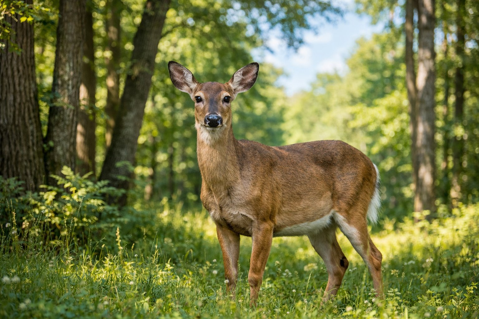 A calm adult deer standing in a green forest clearing with sunlight filtering through the trees.