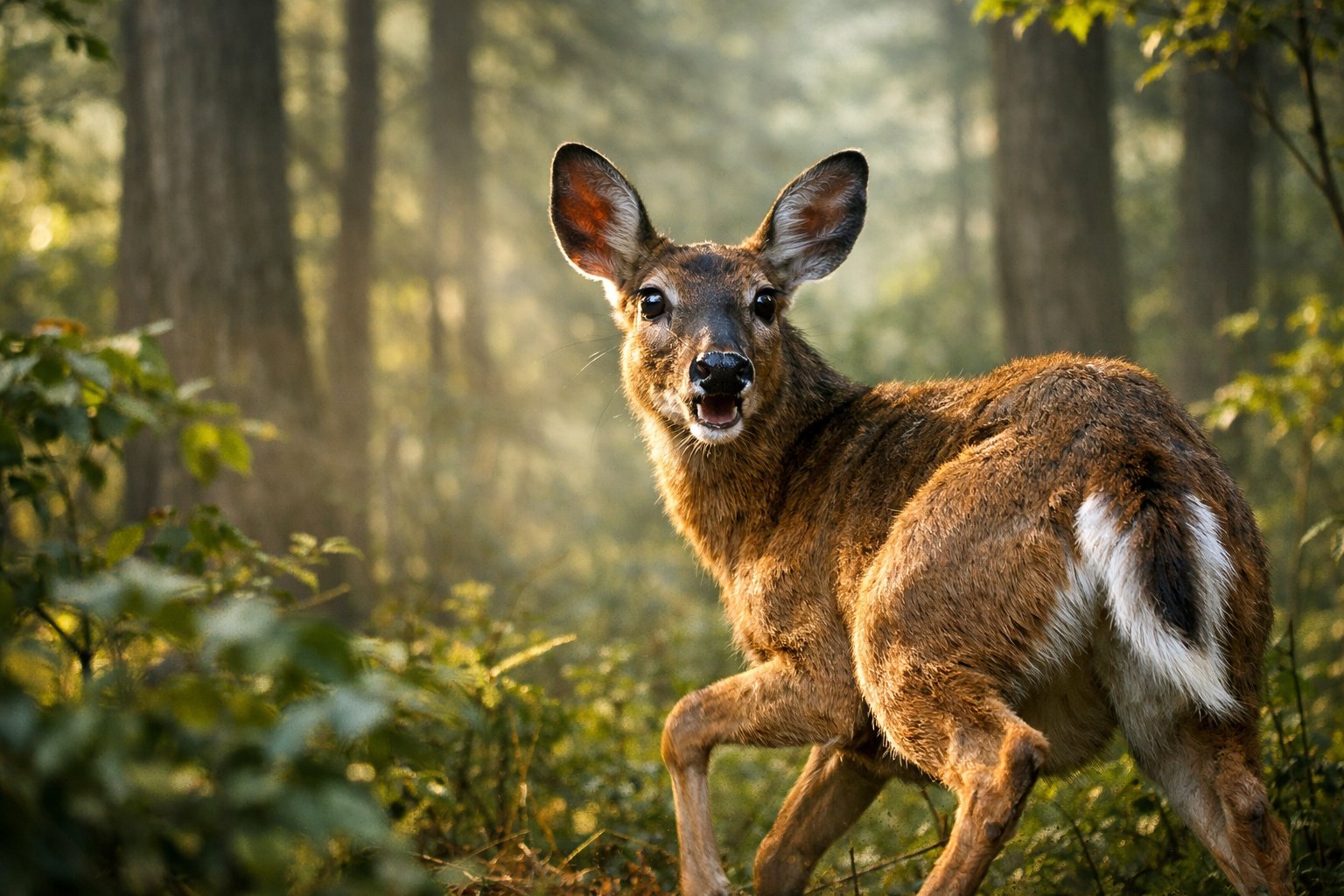 A deer in a forest looking alert and ready to run, surrounded by green trees and foliage.