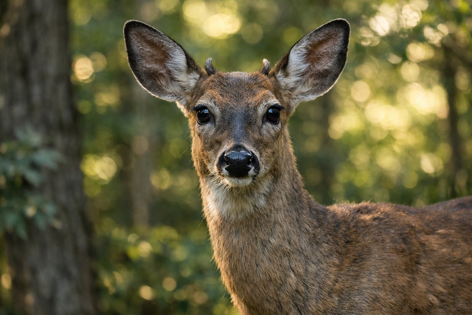 A wild deer in a forest looking alert and cautious, standing among green trees with sunlight filtering through.