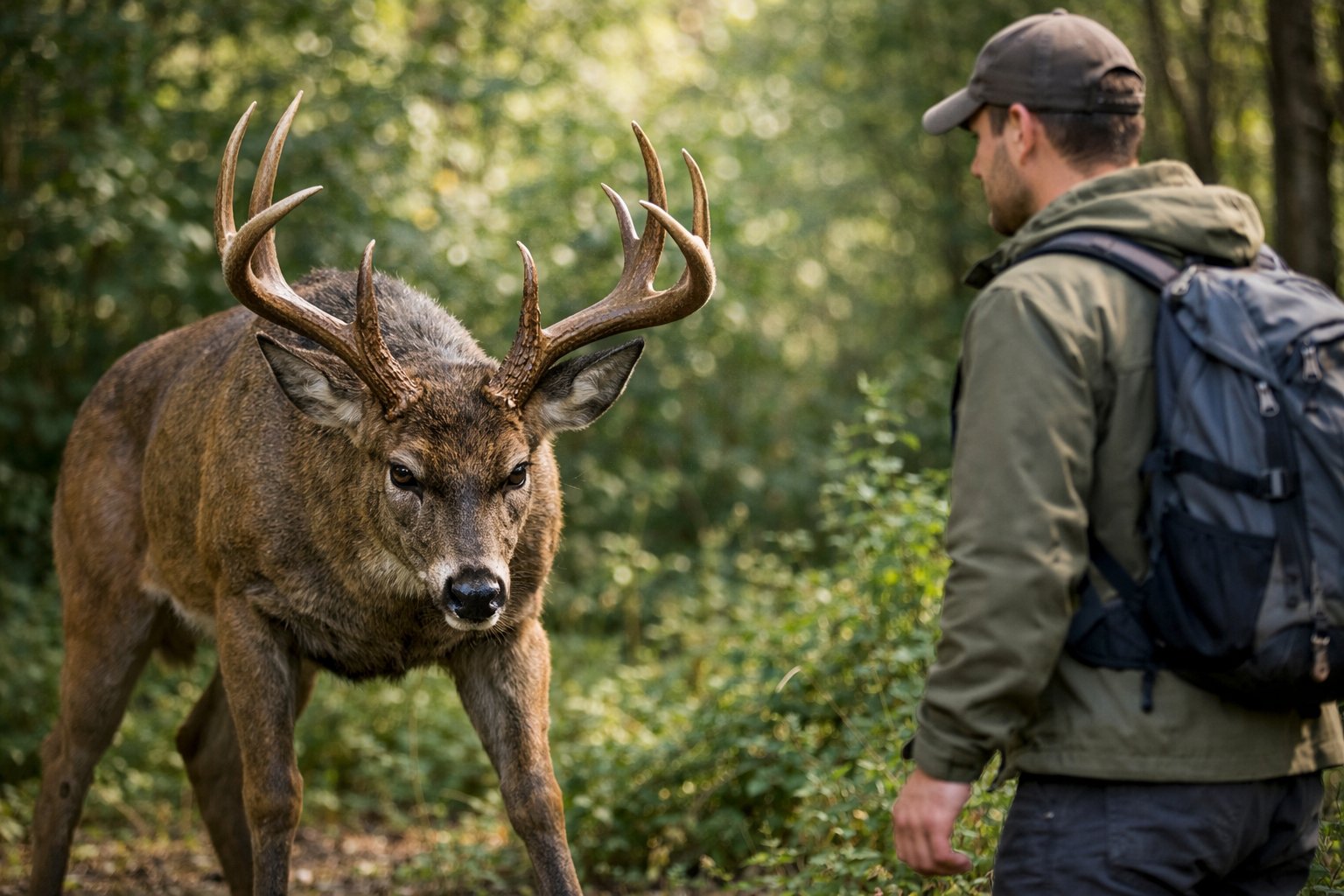 A person calmly standing near a large deer in a forest, with the deer showing signs of aggression.