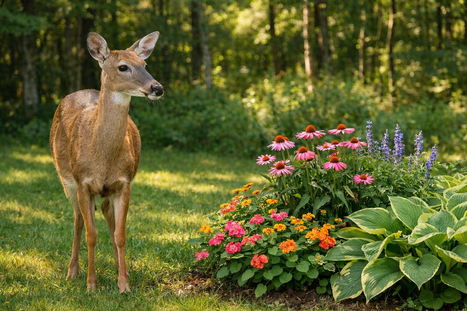 A deer standing in a forest clearing near colorful flowers and plants it is not eating.
