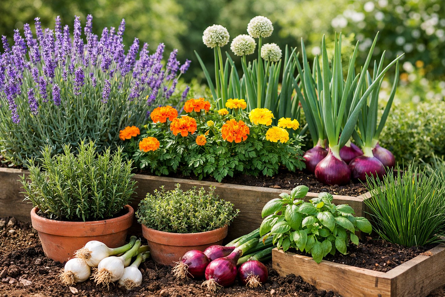 A garden with various vegetables and plants that deer usually avoid, including lavender, marigolds, garlic, onions, rosemary, and thyme.