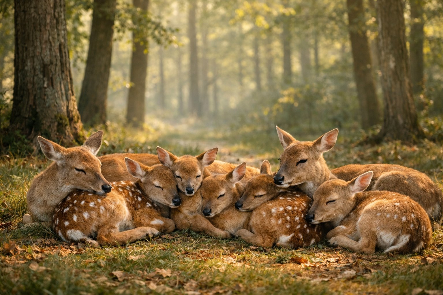 A group of deer lying close together and resting peacefully in a forest clearing.