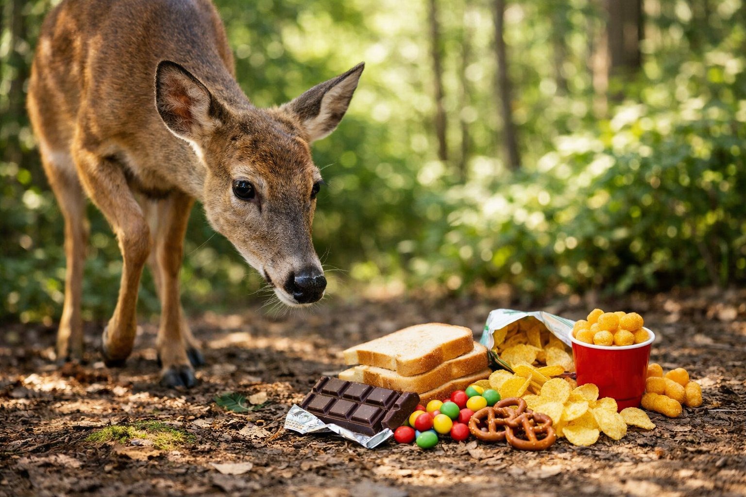A deer in a forest near a small pile of harmful human foods like chocolate and bread on the ground.