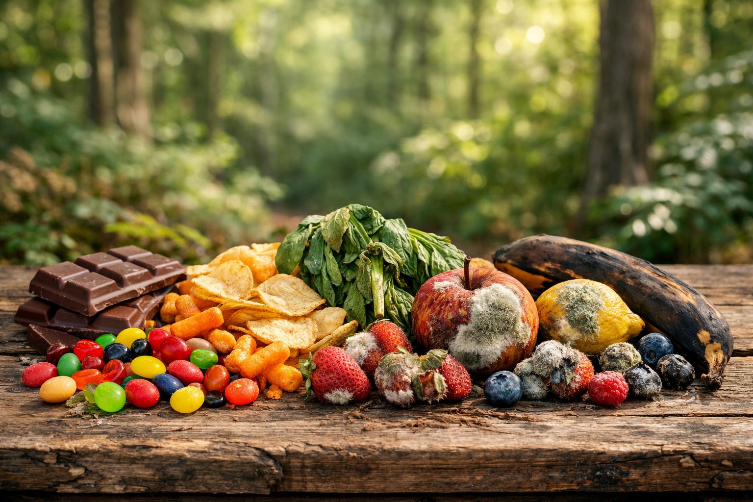 A woodland scene showing various toxic and unhealthy foods for deer arranged on a wooden surface surrounded by forest vegetation.
