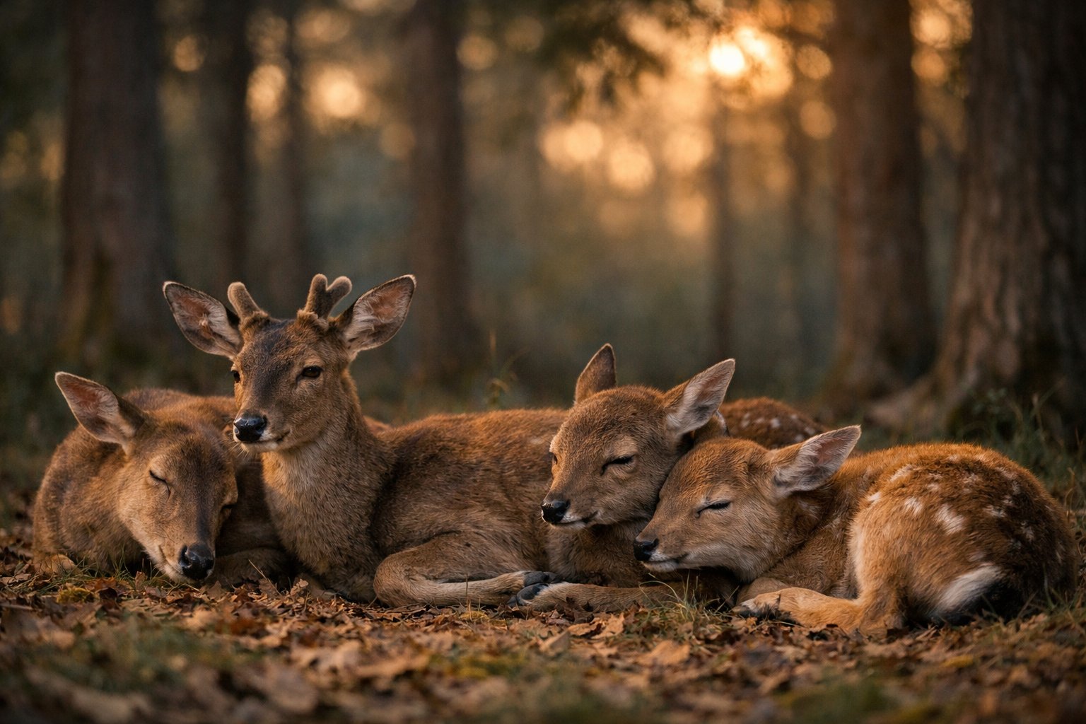 A group of deer resting together quietly in a forest at dusk.