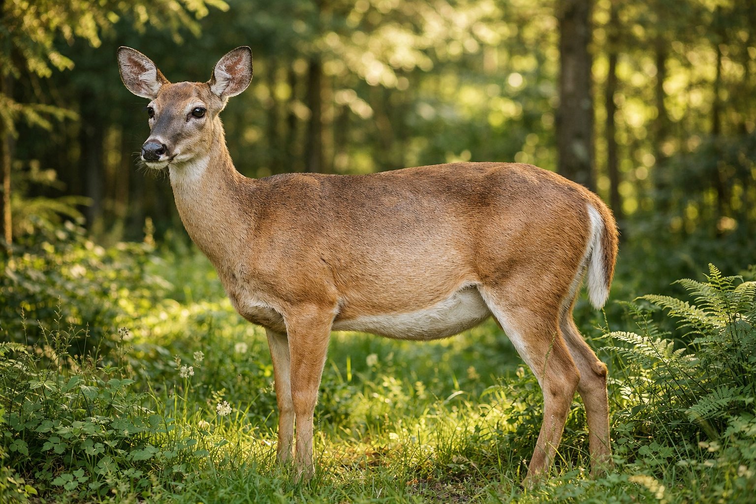 A deer standing in a green forest clearing with sunlight filtering through the trees.