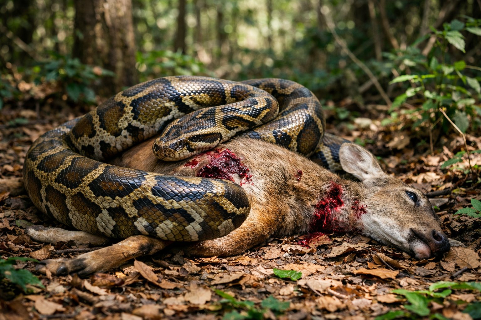 A large snake coiled around a deer carcass on the forest floor surrounded by trees and foliage.