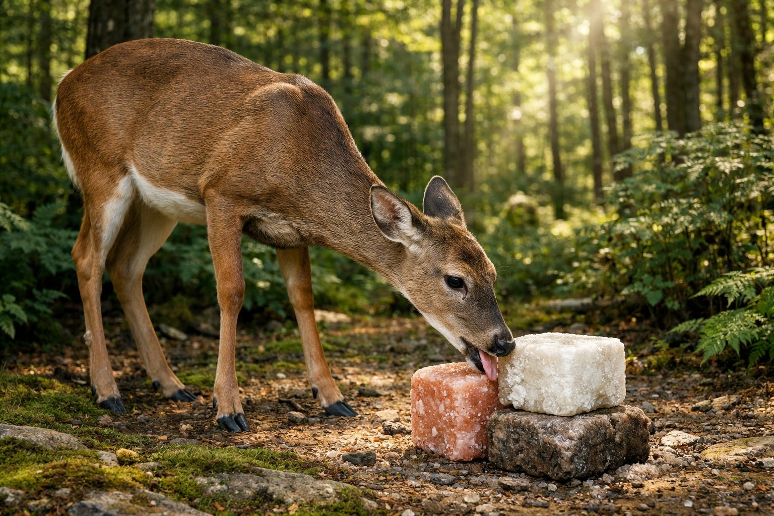 A deer licking a salt lick in a forest clearing surrounded by trees and greenery.