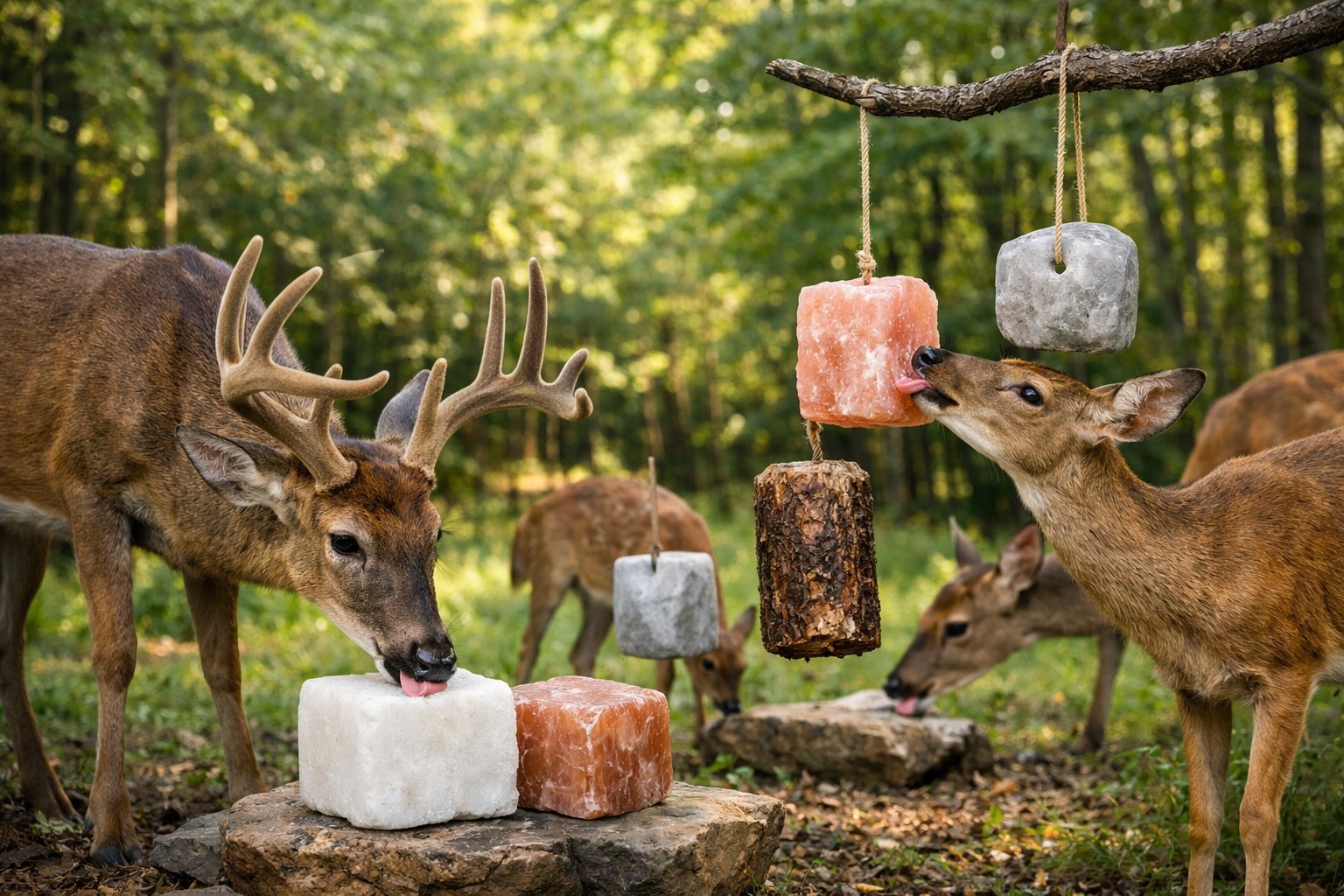 Deer gathered around different types of salt licks in a forest clearing during the day.