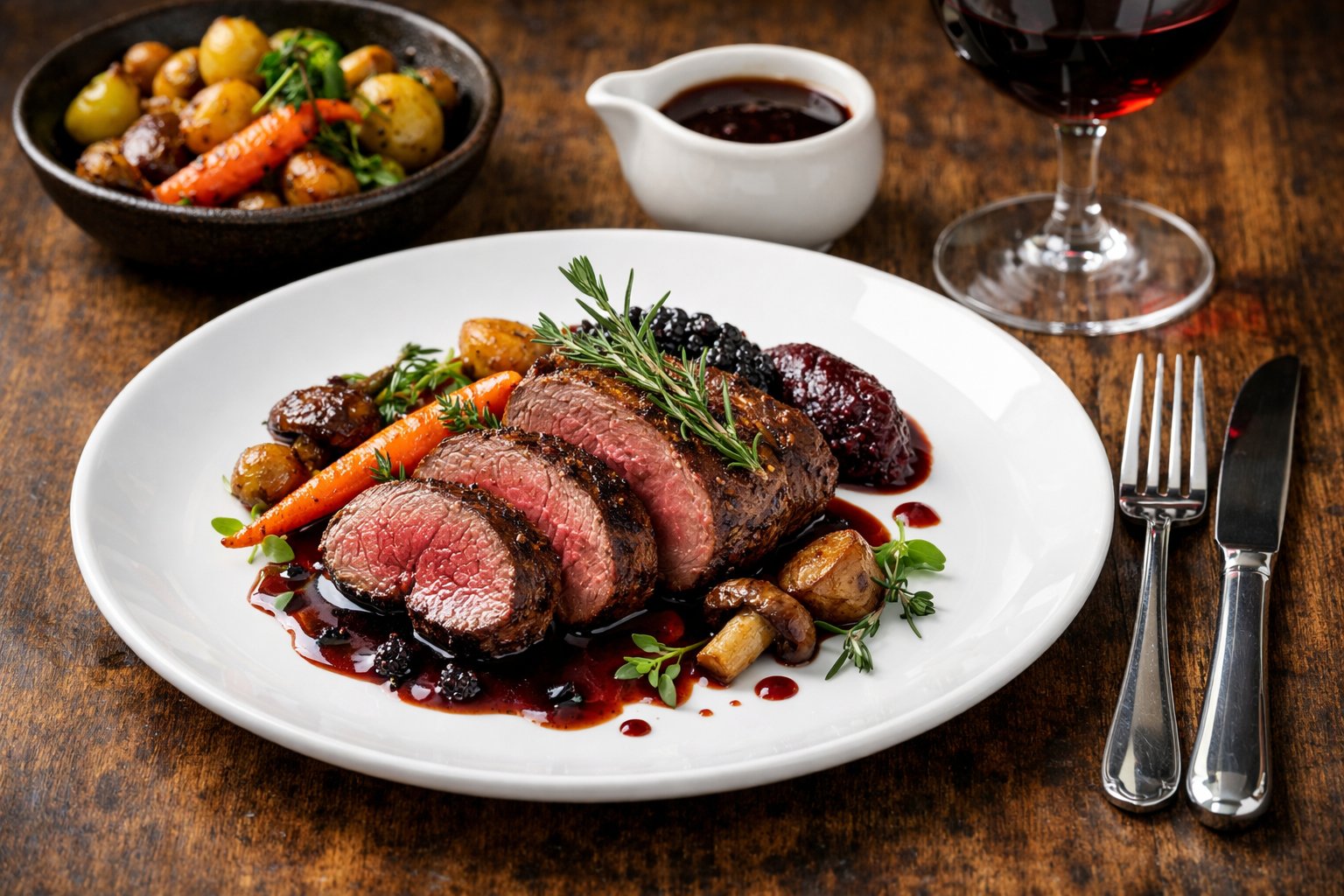 A plated meal featuring cooked deer meat garnished with herbs, served with roasted vegetables and a glass of red wine on a wooden table.
