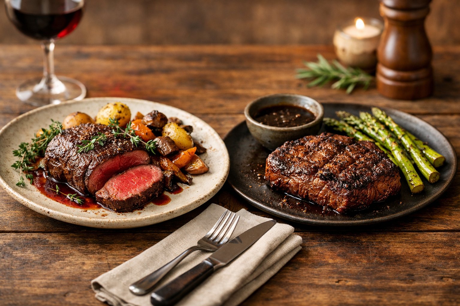 A wooden table with plates of cooked venison steak and beef steak, each served with vegetables and garnishes.