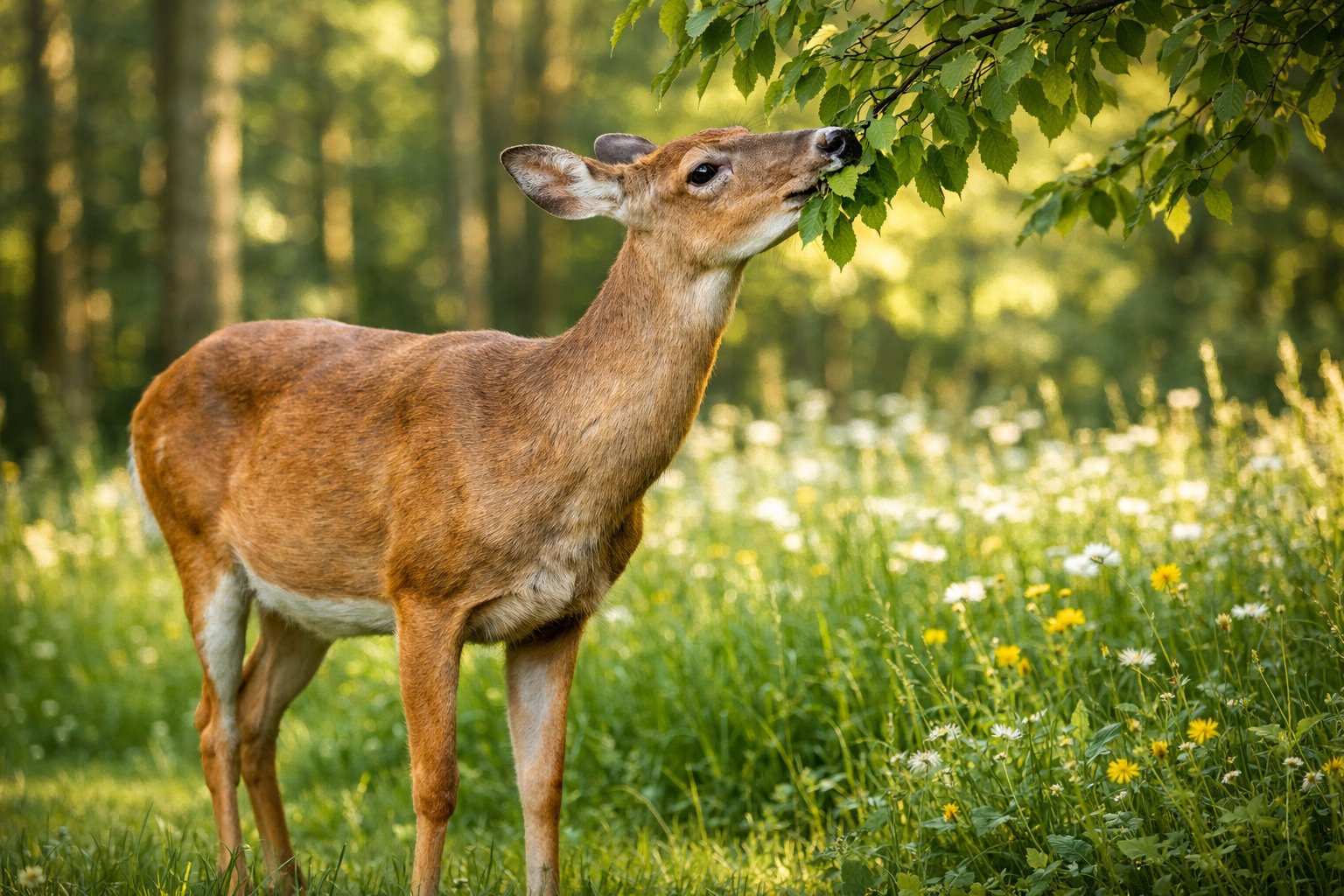 A deer eating leaves from a tree branch in a forest meadow.