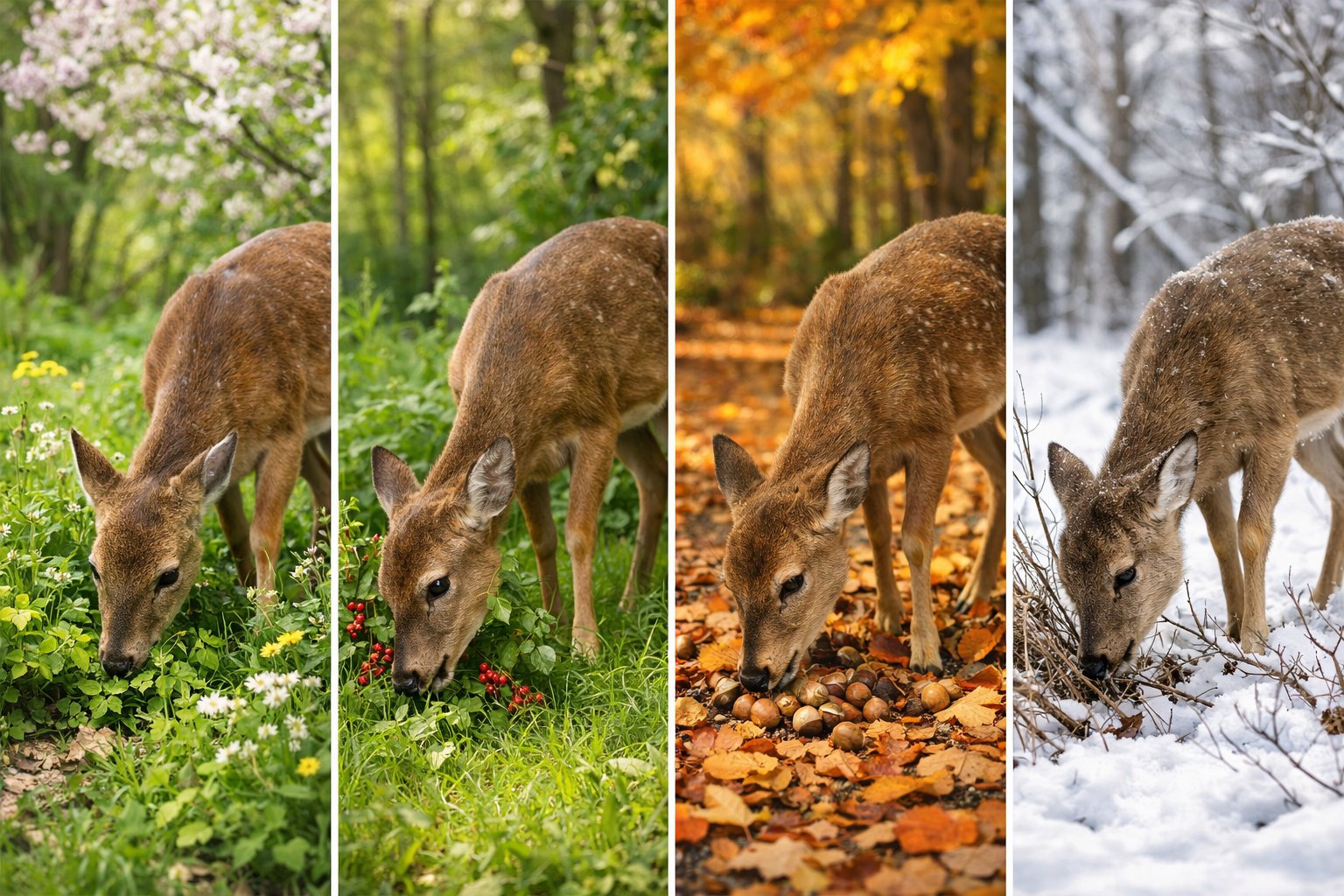 A deer in a forest eating different foods in spring, summer, autumn, and winter, showing seasonal changes in its habitat.