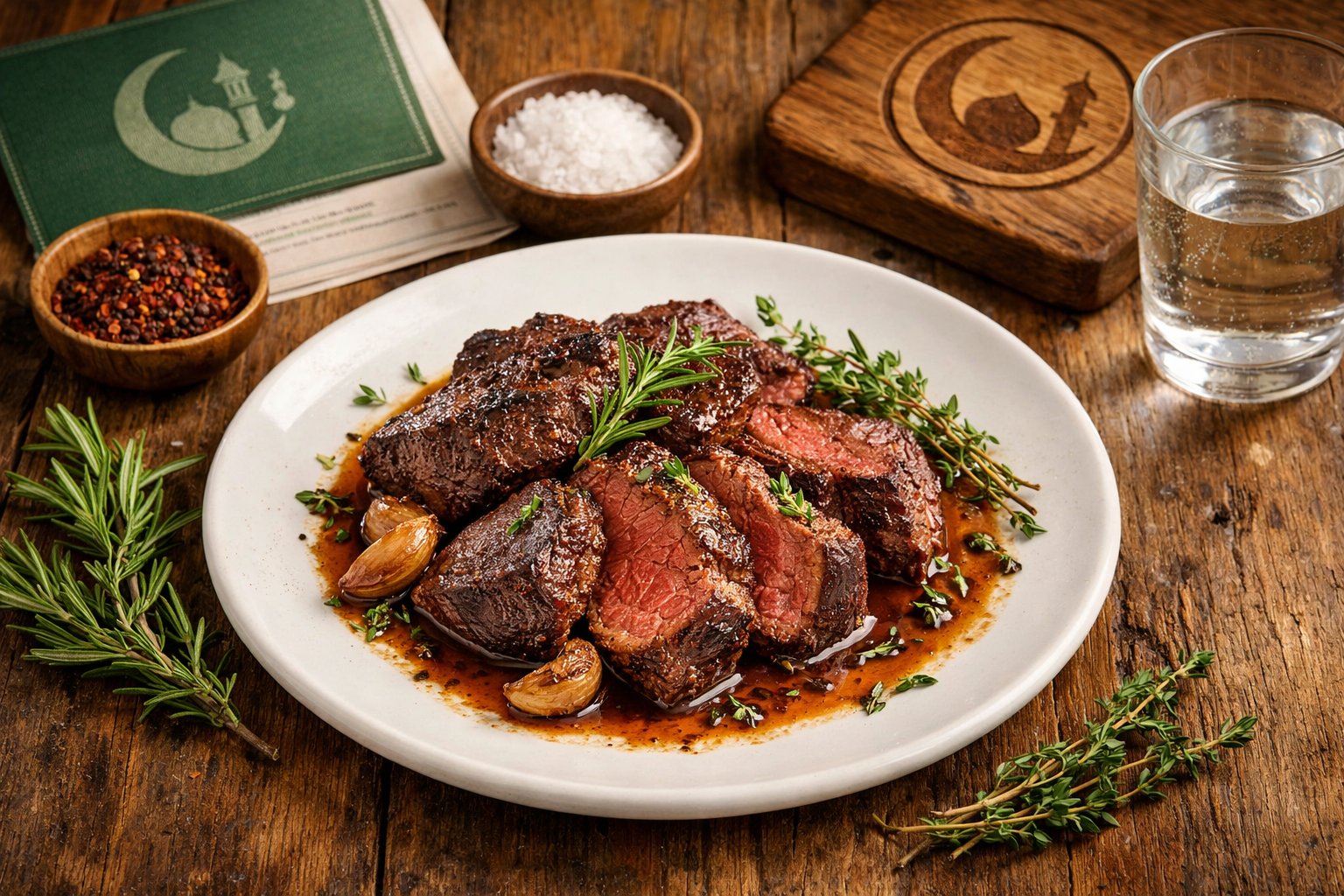 A plate of cooked deer meat garnished with herbs on a wooden table with spices and a halal certificate partially visible nearby.