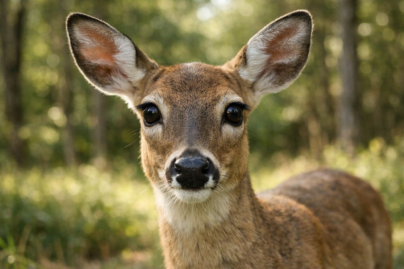 Close-up of a deer looking directly ahead in a sunlit forest clearing.