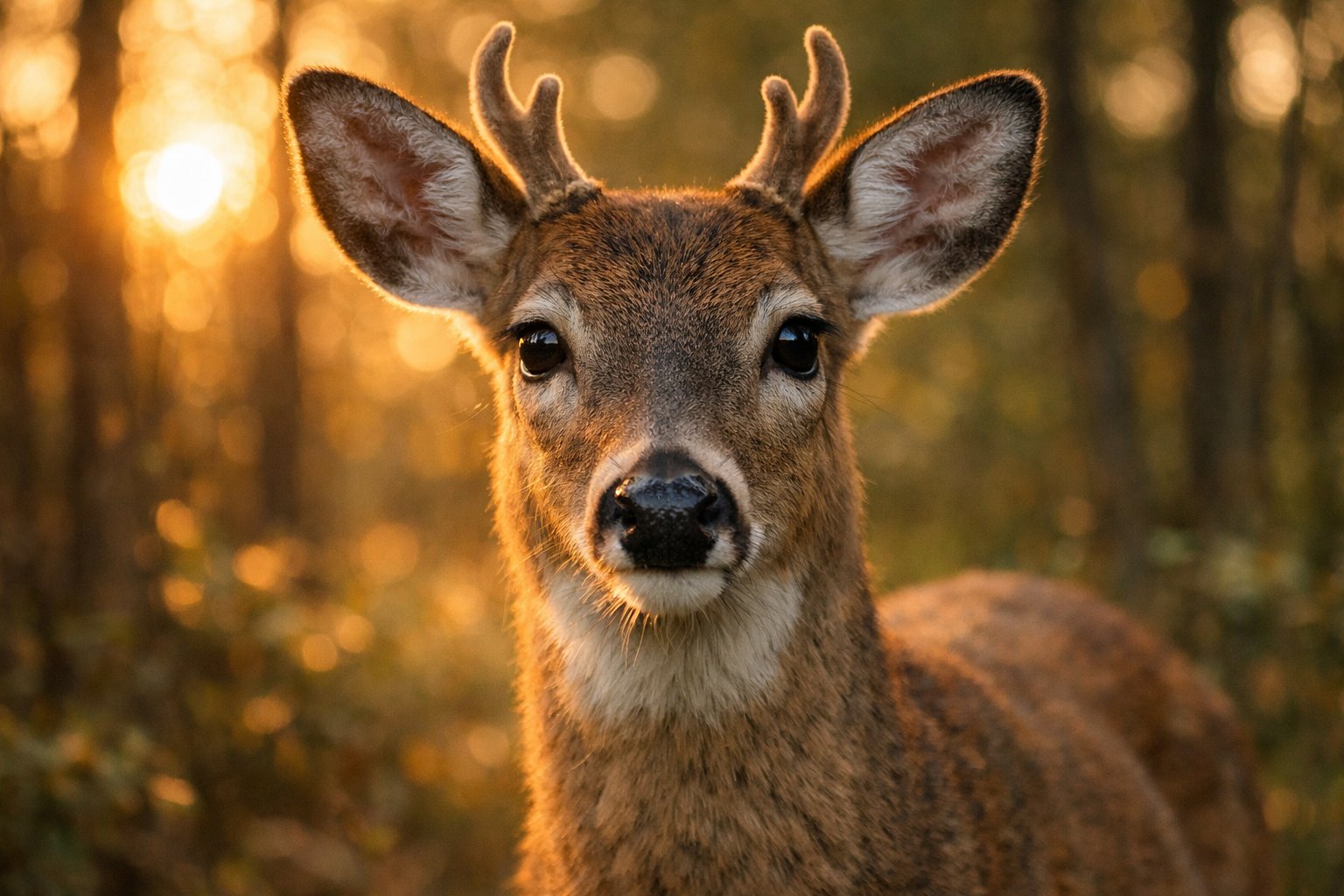 Close-up of a deer looking directly ahead with gentle eyes in a forest.