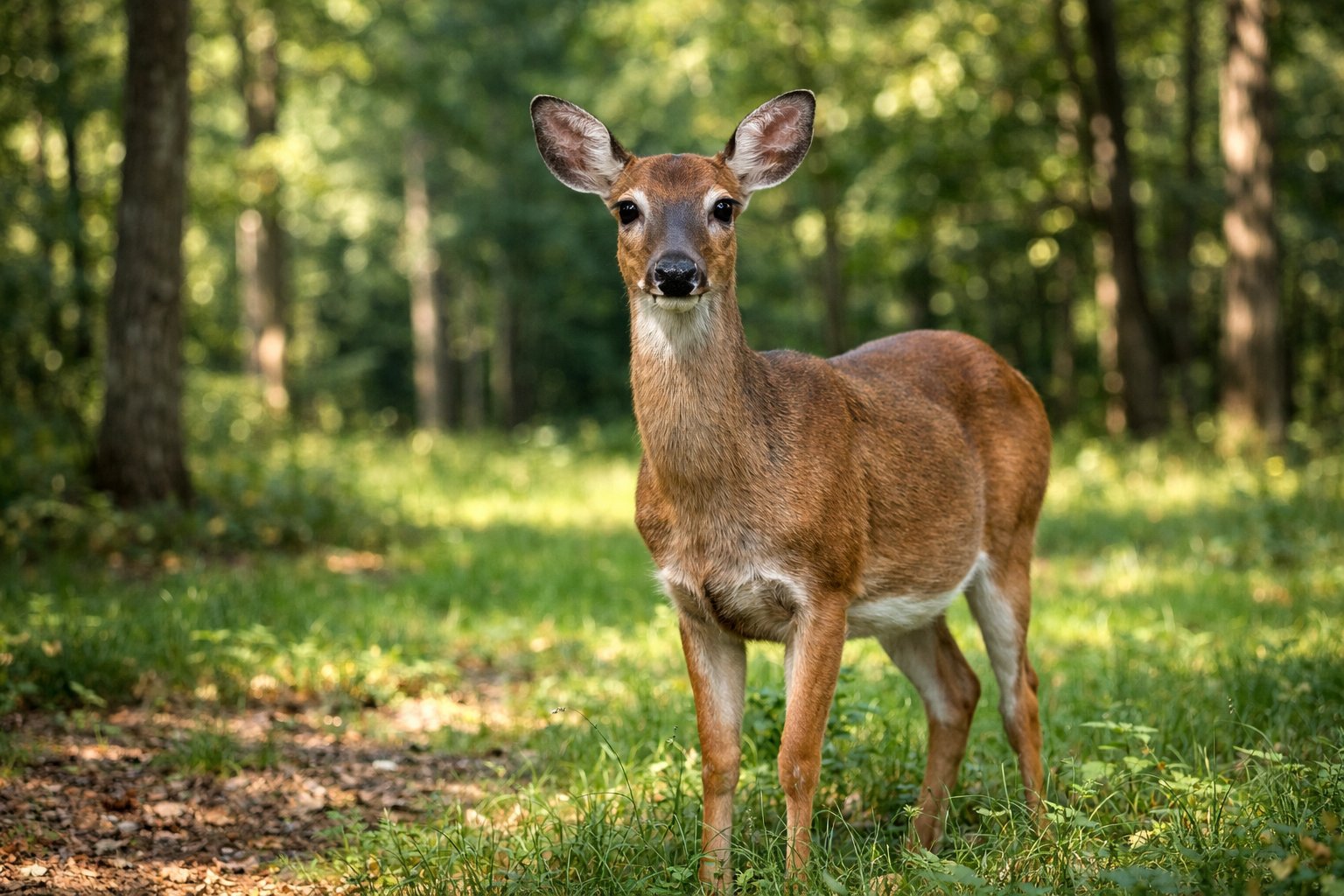 A deer standing alert in a green forest clearing, looking directly ahead with bright eyes.