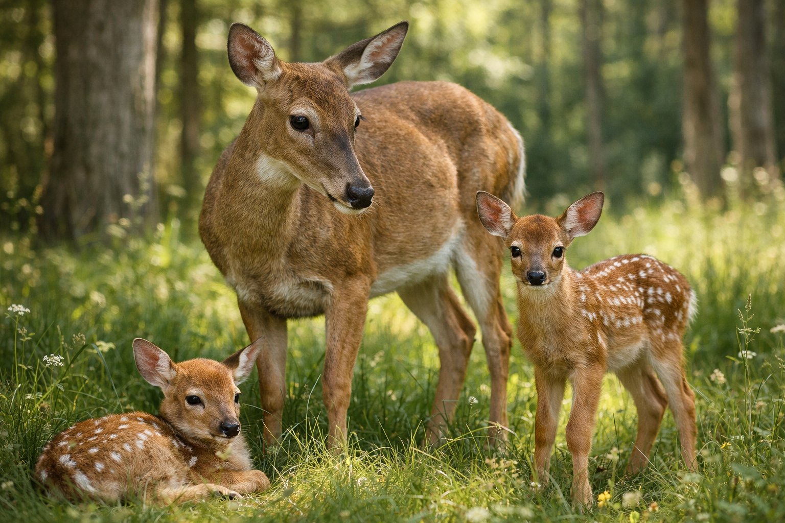 A mother deer standing in a forest clearing with two baby fawns nearby.
