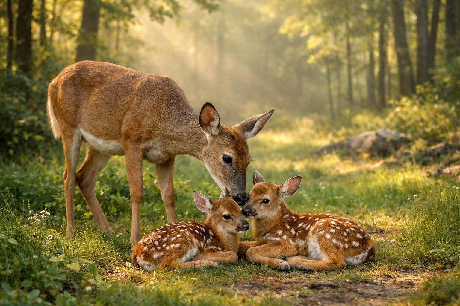 A mother deer standing beside two newborn fawns in a forest clearing with sunlight filtering through the trees.