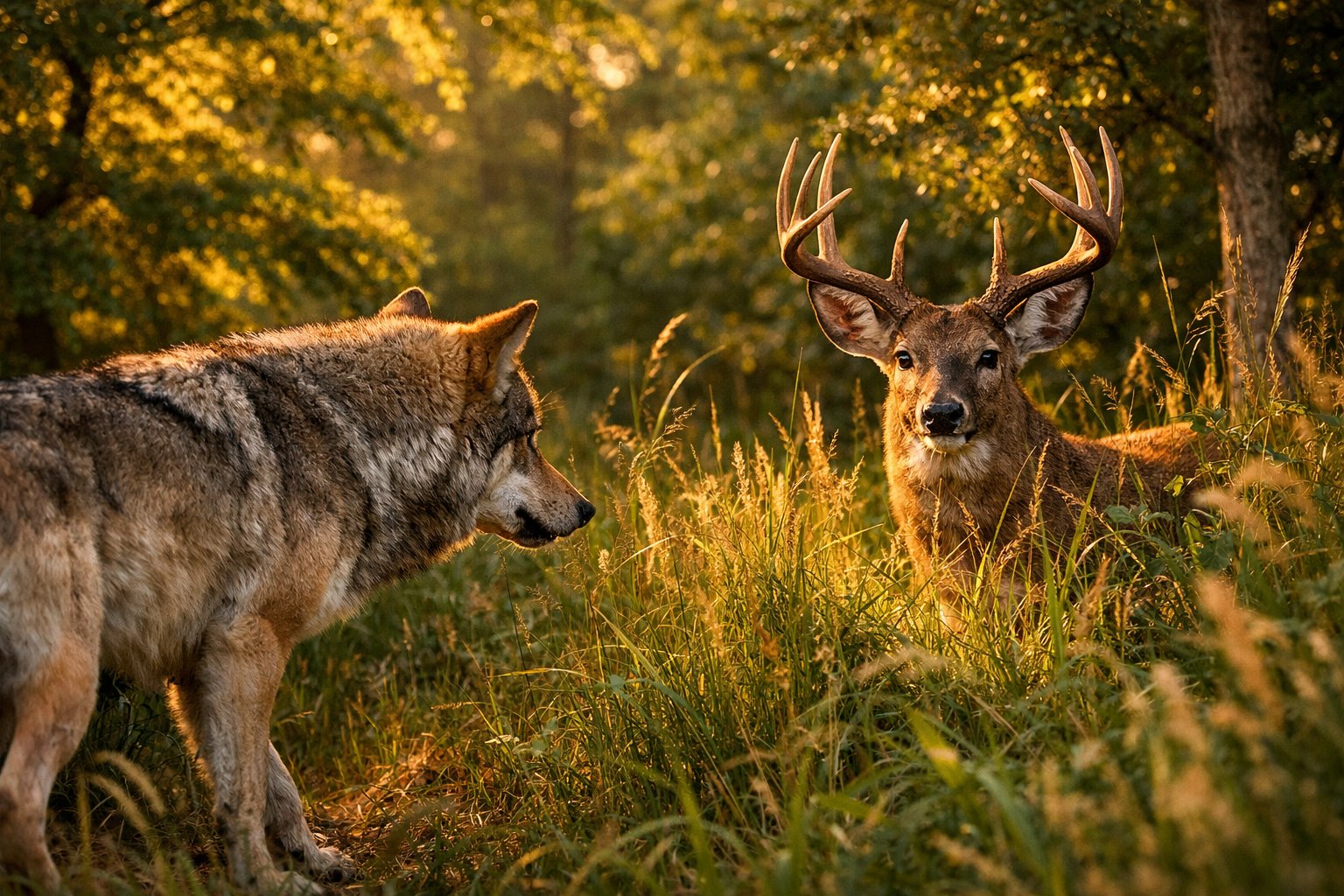 A gray wolf staring at a deer in a forest with sunlight filtering through the trees.