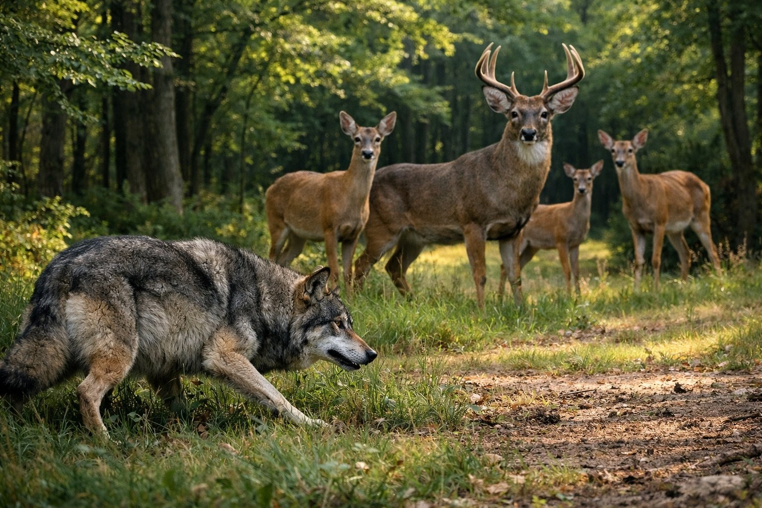 A gray wolf stalking a group of deer in a sunlit forest clearing.
