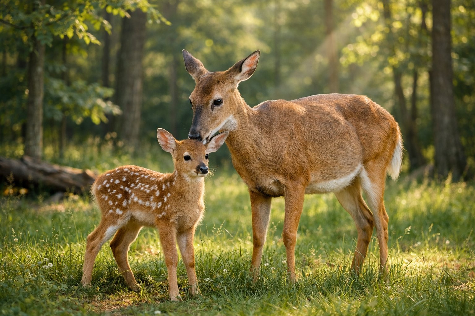A mother deer standing protectively next to her young fawn in a sunlit forest clearing.