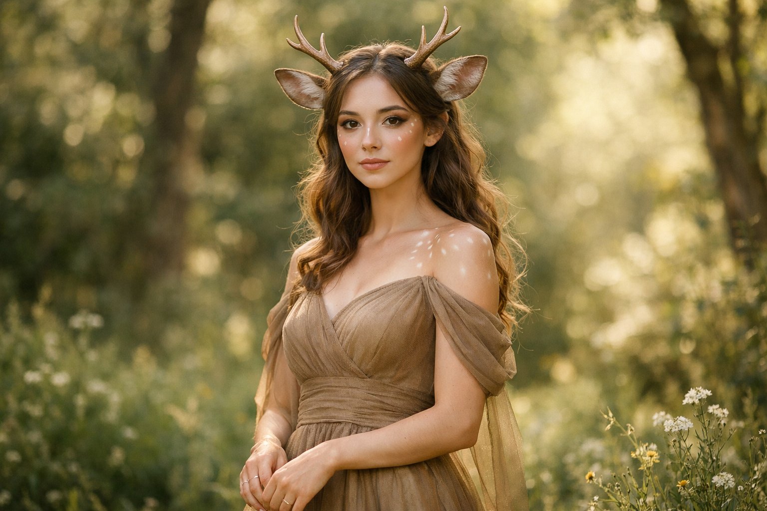 A young woman with small antlers standing peacefully in a sunlit forest surrounded by greenery.