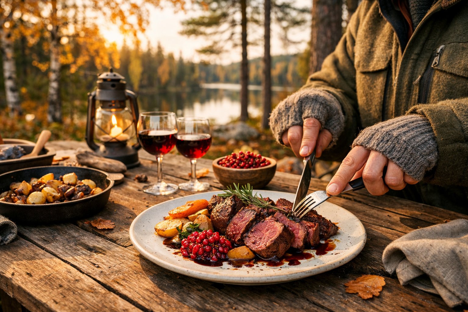 A person slicing a cooked venison steak on a rustic wooden table set outdoors in a forest clearing with autumn leaves and pine trees in the background.