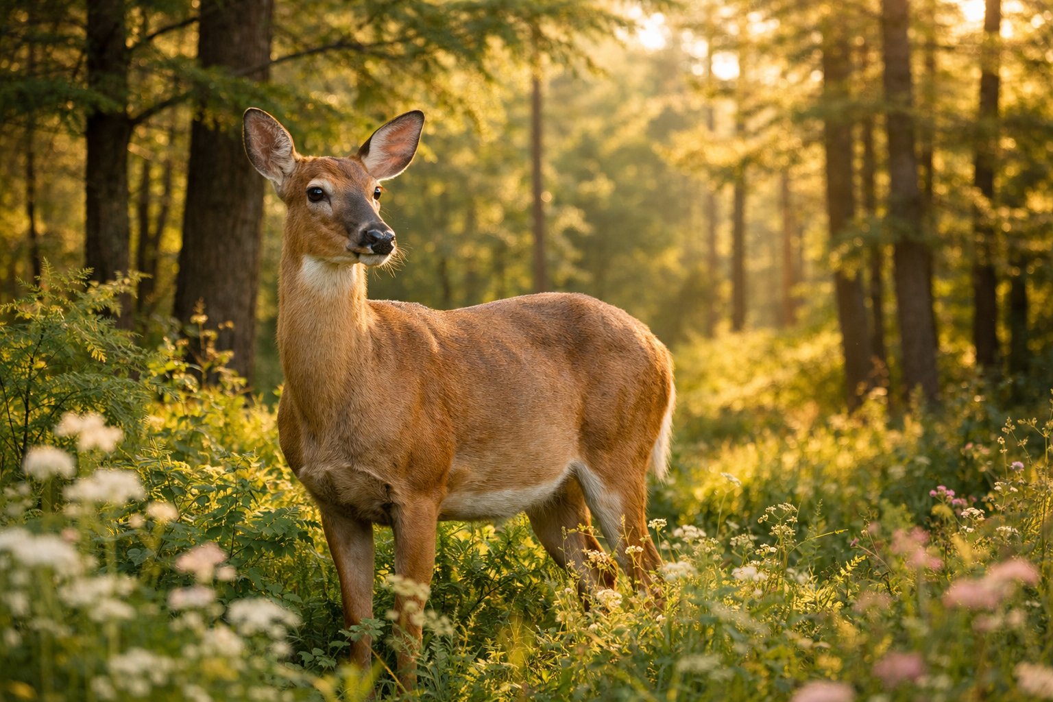 A female deer standing calmly in a sunlit forest surrounded by green plants and trees.