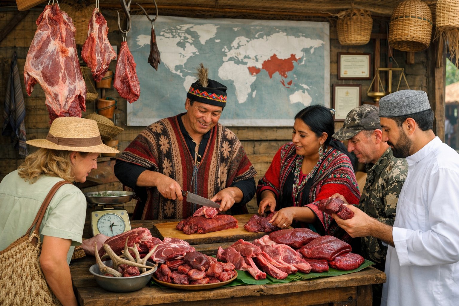 A market scene showing a vendor selling fresh deer meat with customers and cultural decorations in the background.