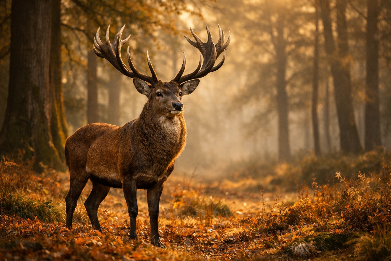 A male deer with large antlers standing in a sunlit forest clearing surrounded by autumn leaves.