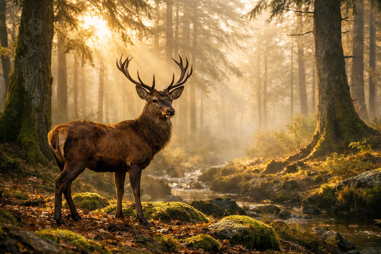 A deer standing gracefully in a misty forest with sunlight filtering through tall trees.