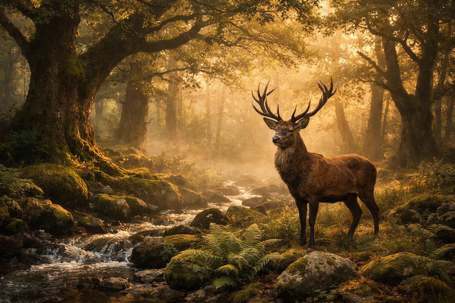 A majestic stag standing in a misty ancient forest with sunlight filtering through the trees.