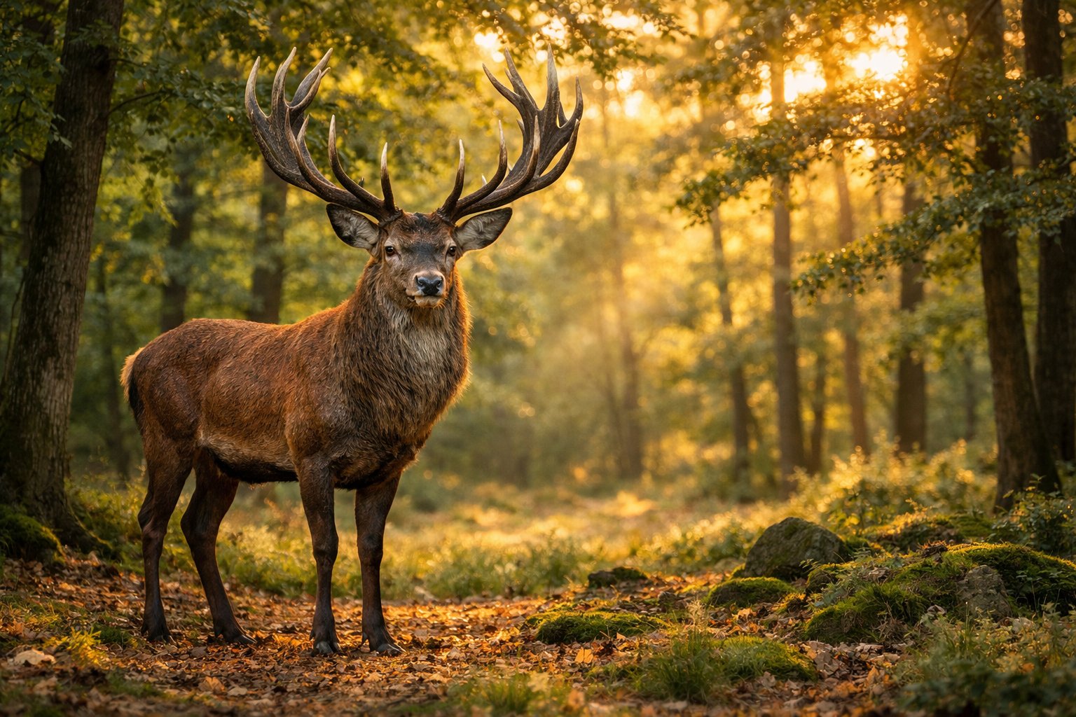 A stag with large antlers standing in a sunlit forest clearing surrounded by trees.