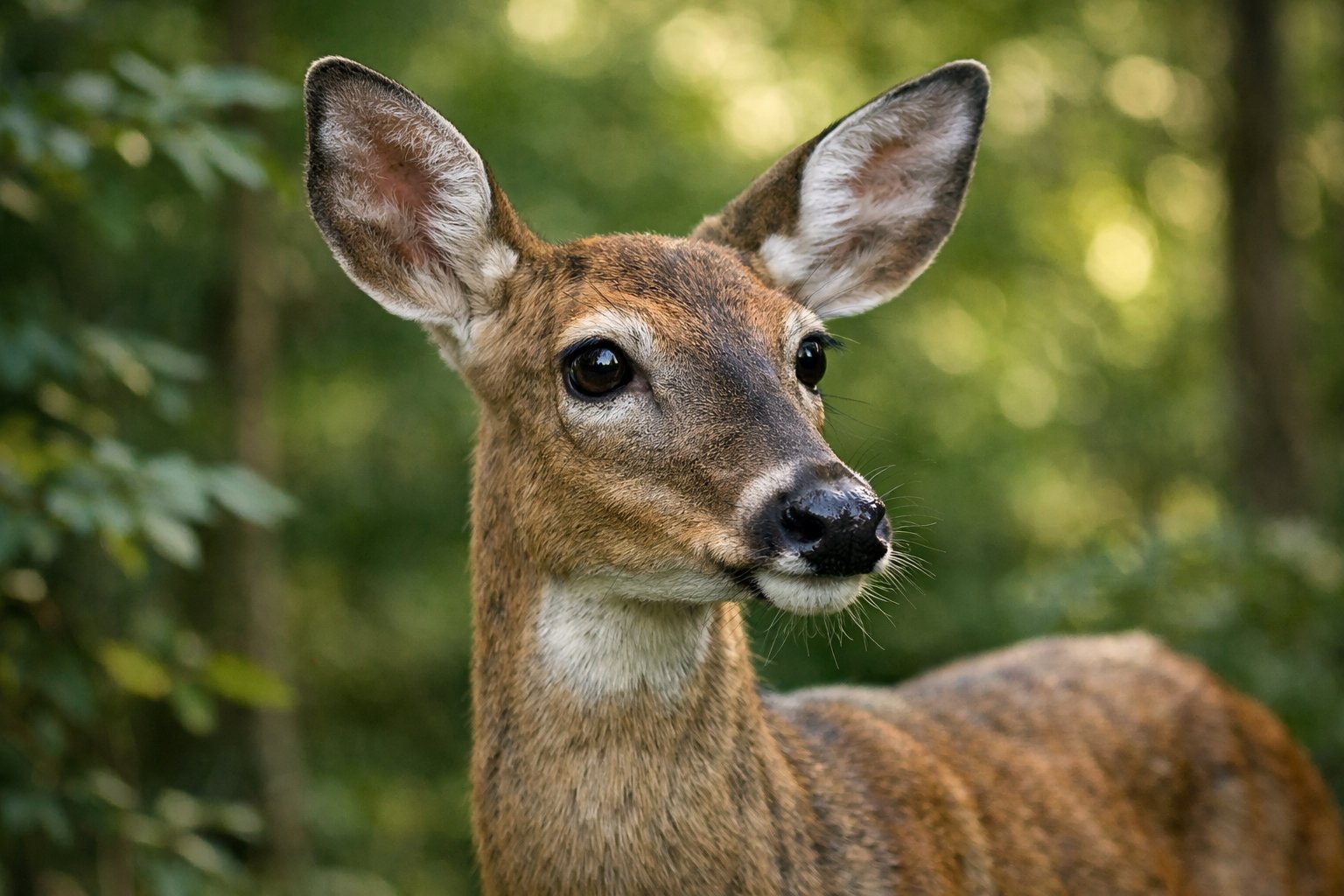 Close-up of a deer in a forest with its ears perked up, appearing to listen attentively.