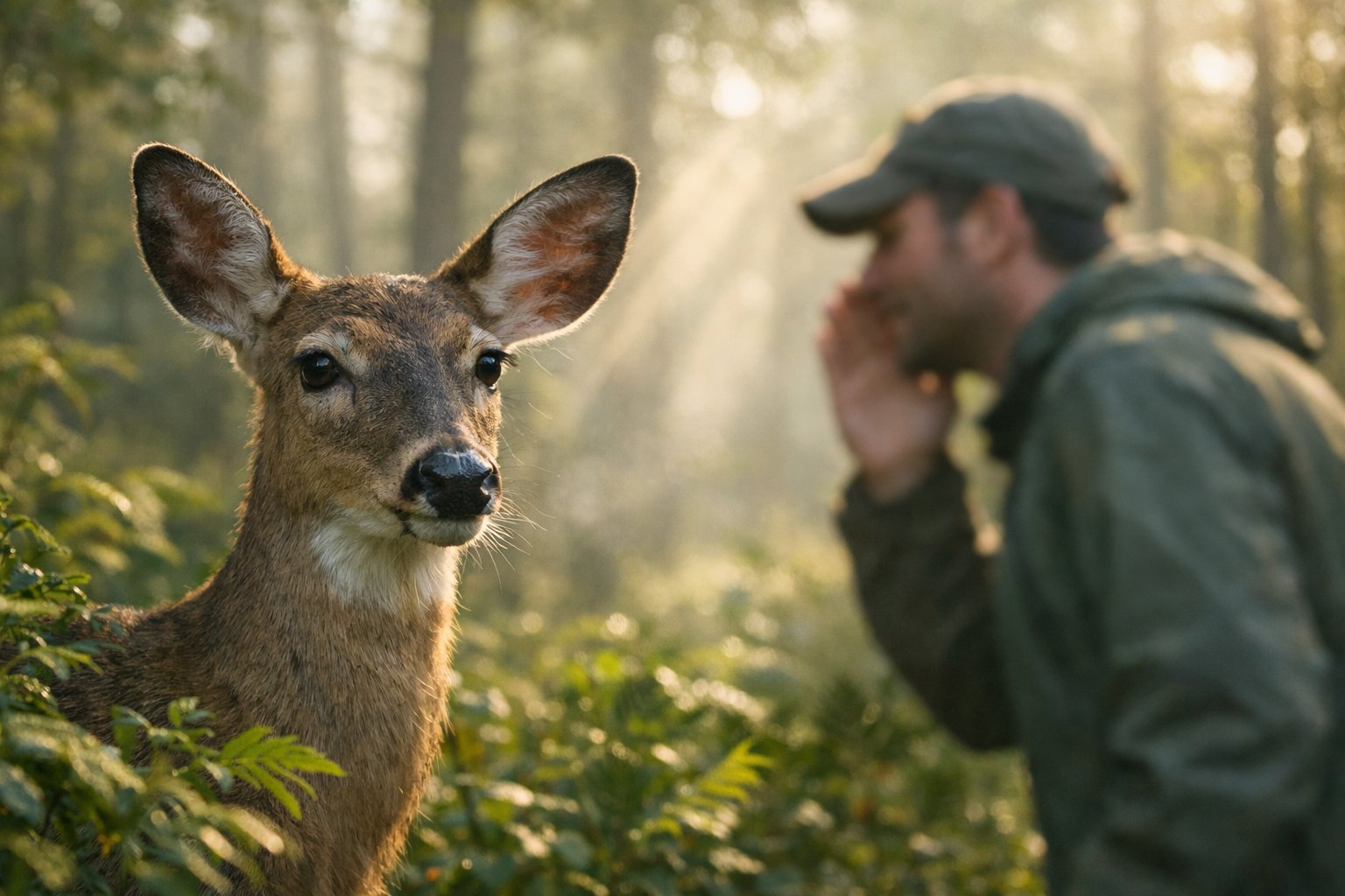 A deer in a forest attentively listening with a blurred person speaking in the background.