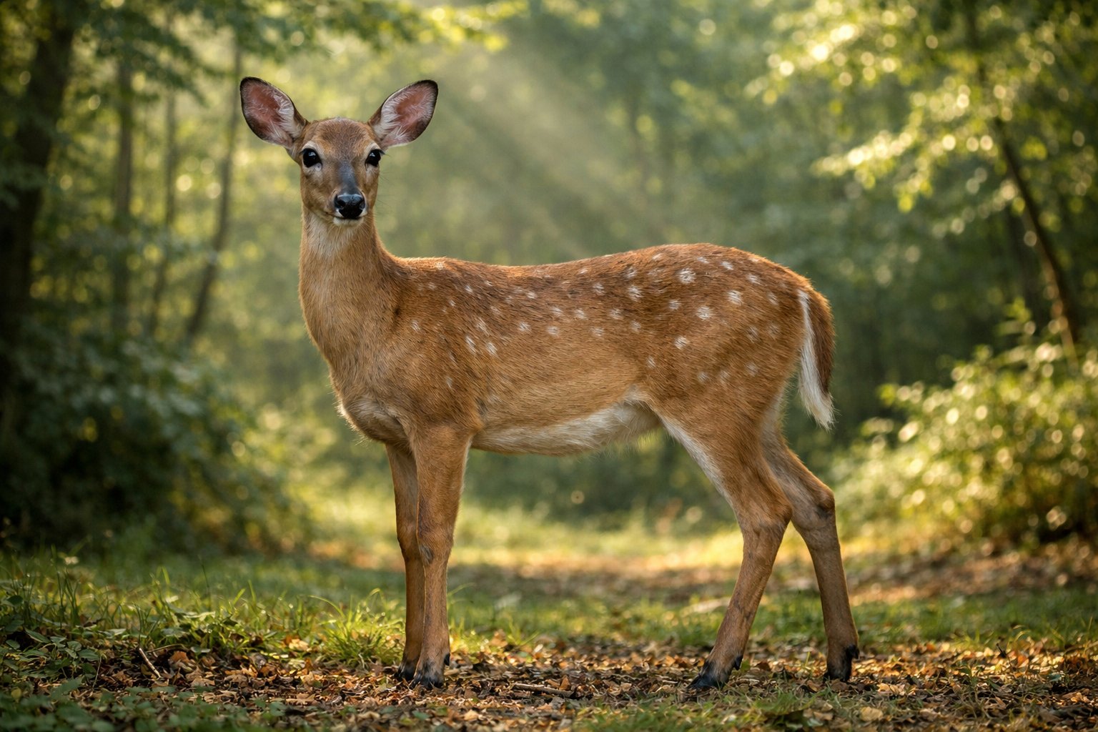 A female deer standing calmly in a sunlit forest clearing surrounded by green trees and grass.