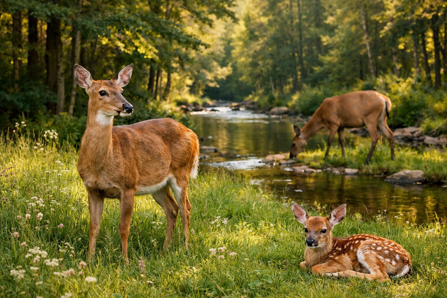 A peaceful forest scene showing several female deer of different sizes and species standing and resting among green grass and trees.