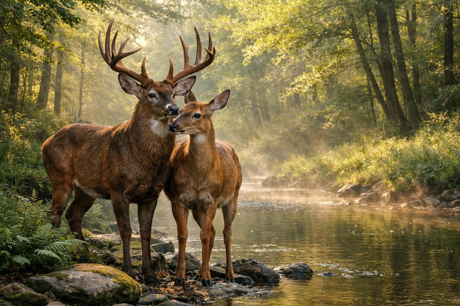 A pair of adult deer standing close together near a forest stream surrounded by green trees and soft morning light.