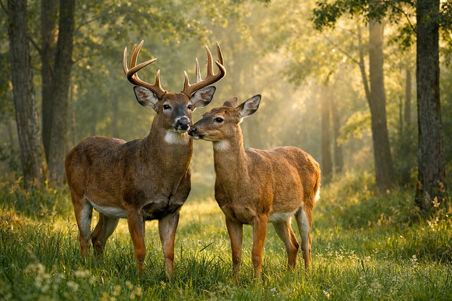 A pair of adult deer standing close together in a forest meadow surrounded by trees and soft morning light.