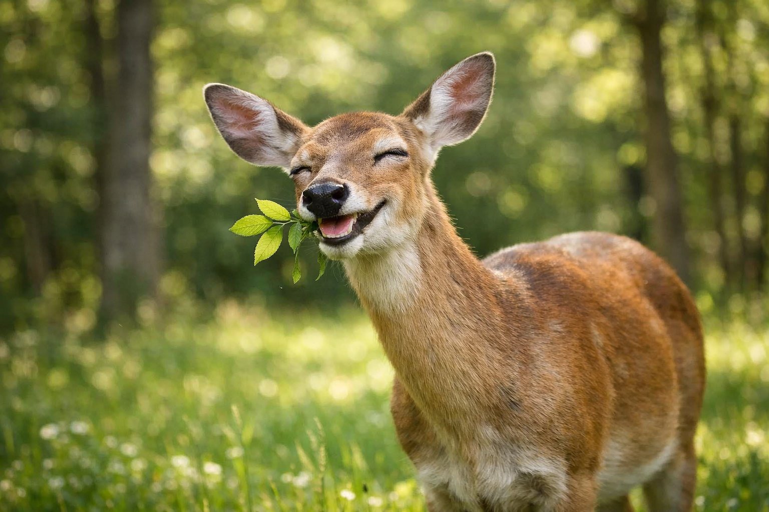 A deer standing peacefully in a sunlit forest clearing, appearing calm and content.