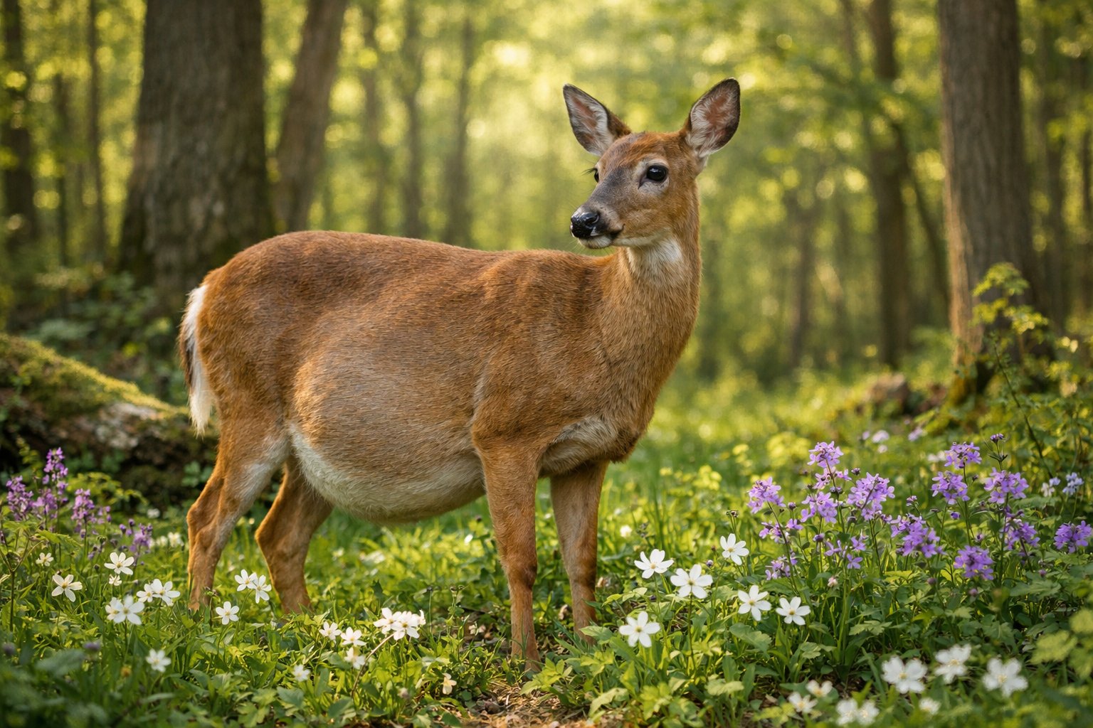 A female deer standing calmly in a green forest surrounded by trees and wildflowers.