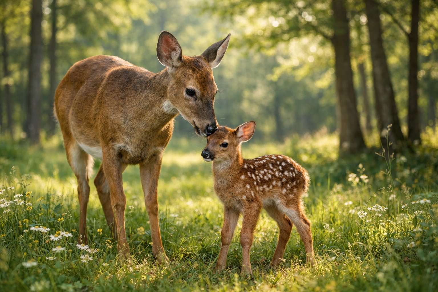 A mother deer standing protectively beside her newborn fawn in a sunlit forest clearing.