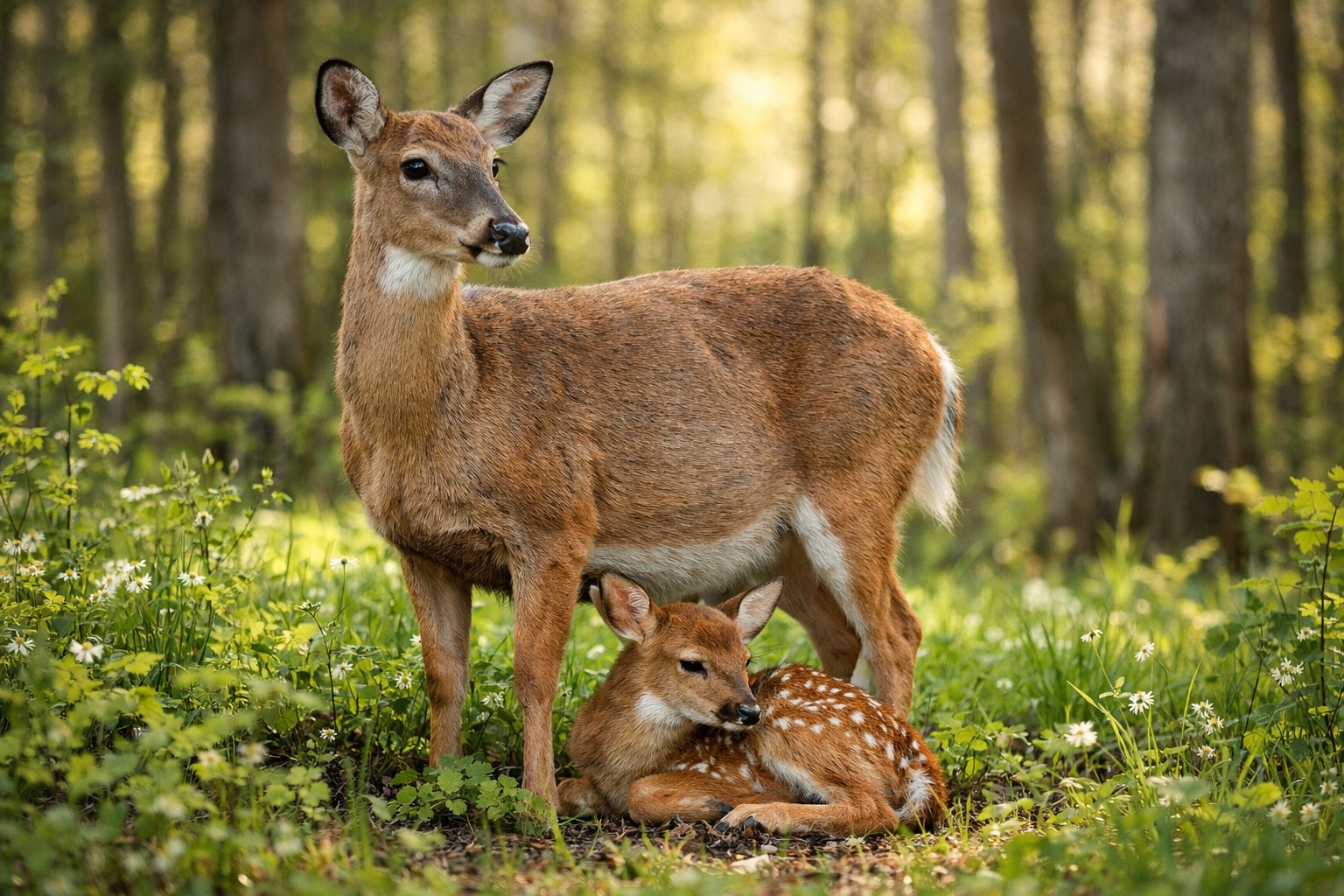 An adult female deer standing in a forest with a young fawn resting nearby among green plants.
