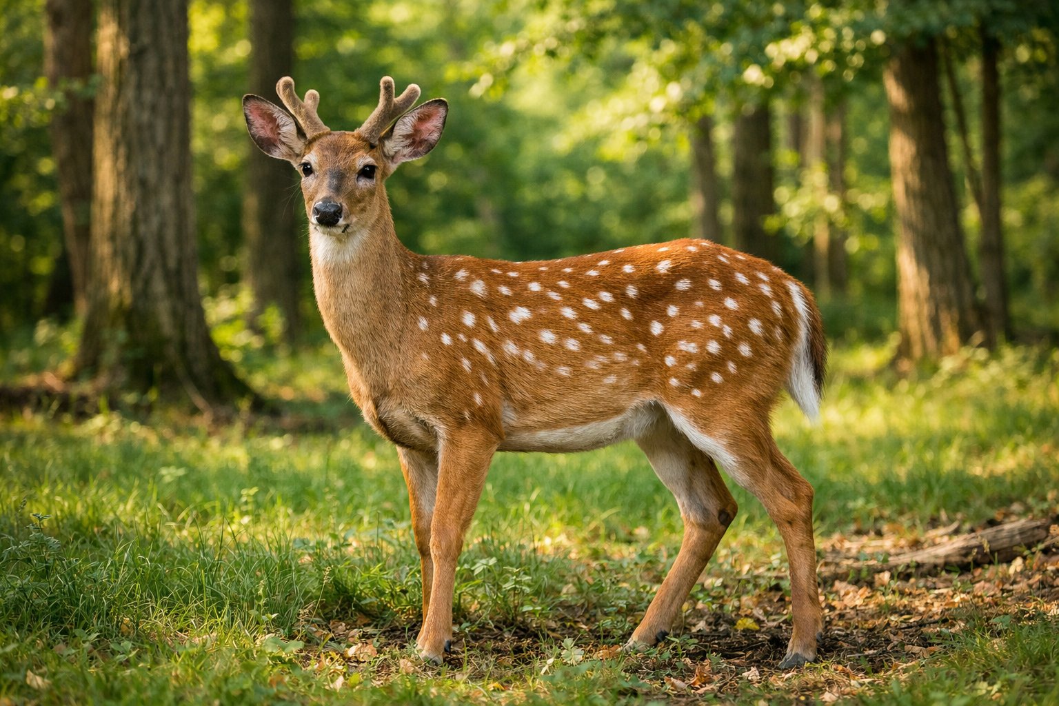 An adult deer standing in a sunlit forest clearing surrounded by green trees and grass.