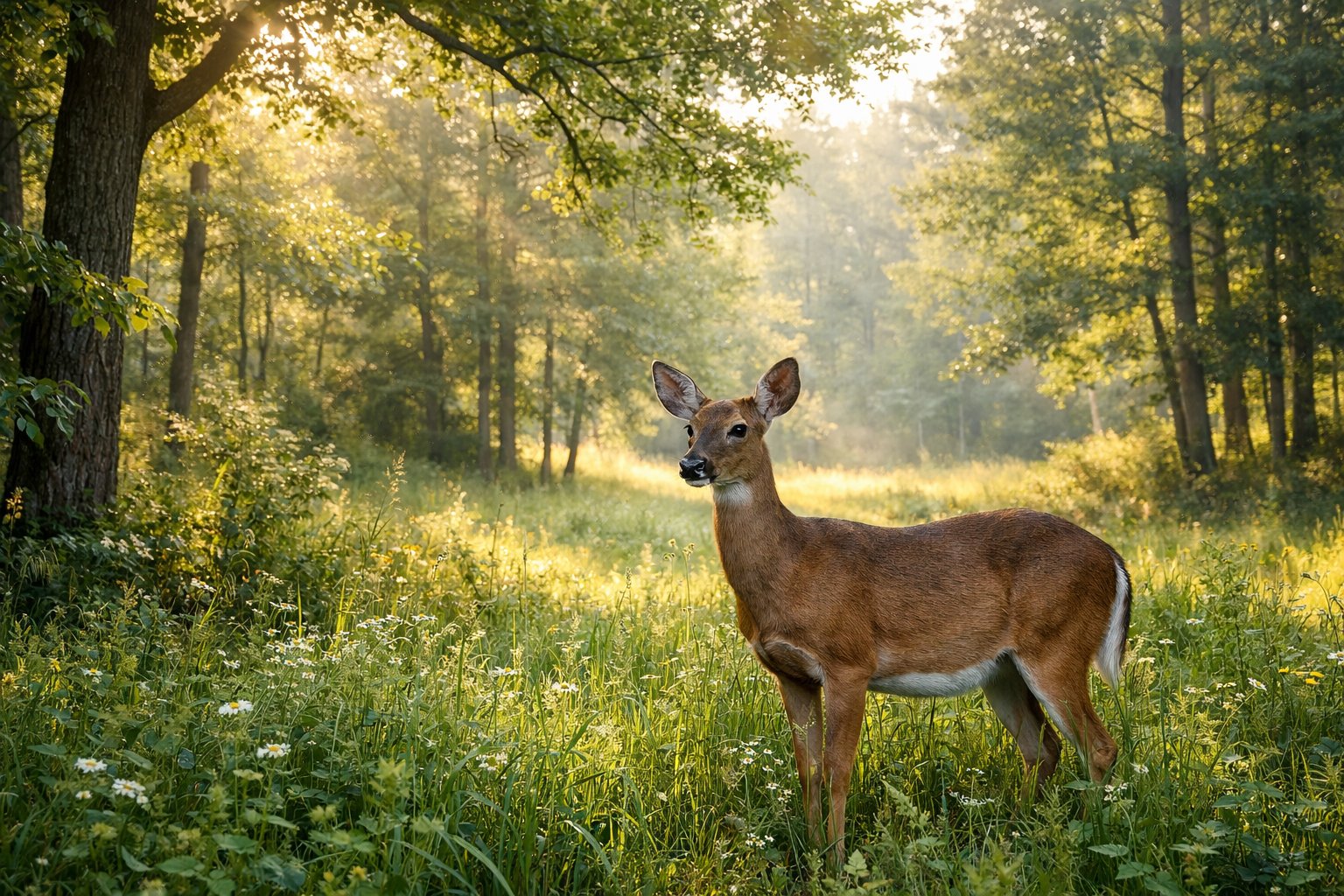 An adult deer standing in a sunlit forest clearing surrounded by green trees and grass.