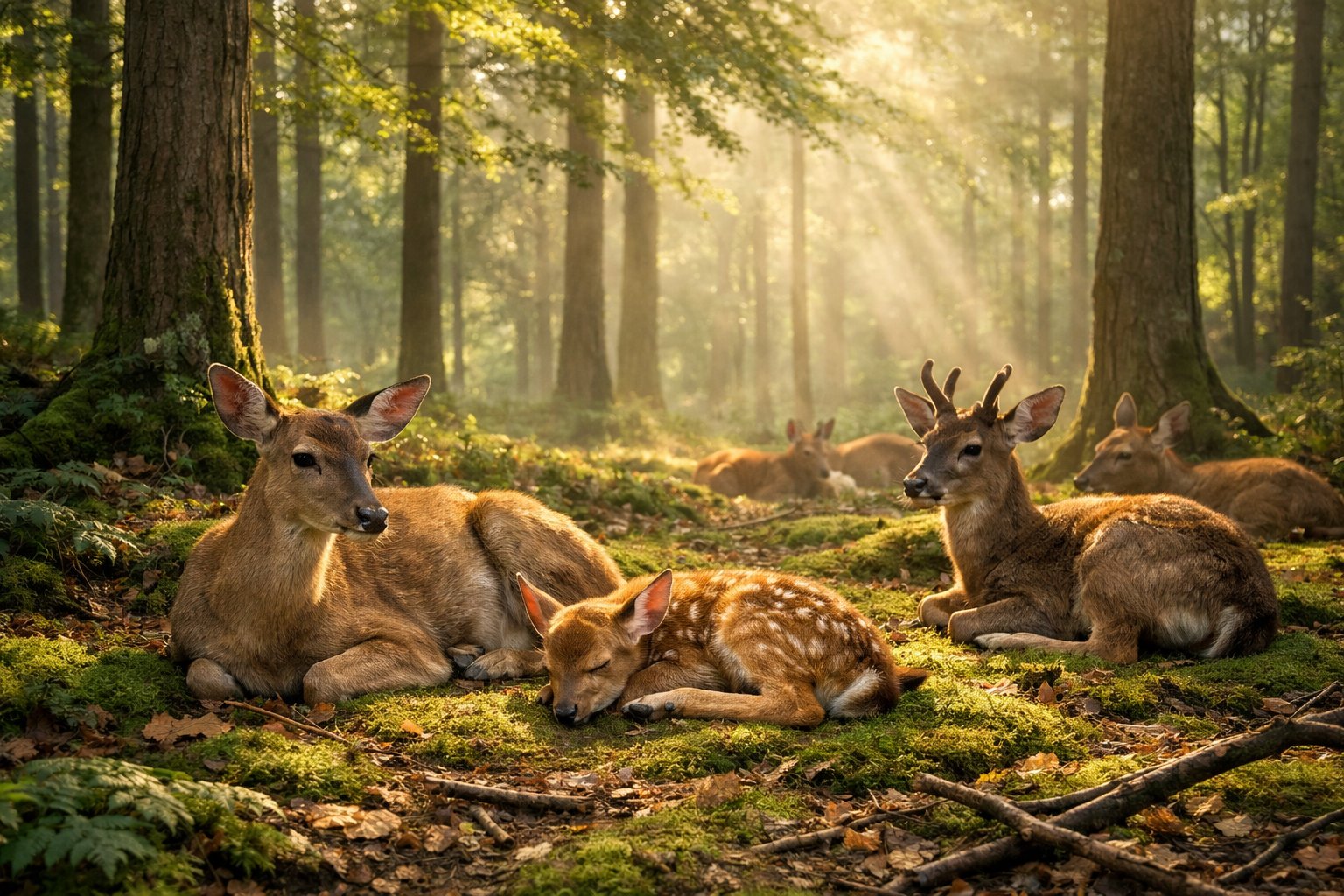 A group of deer resting quietly on the forest floor surrounded by trees and morning sunlight.