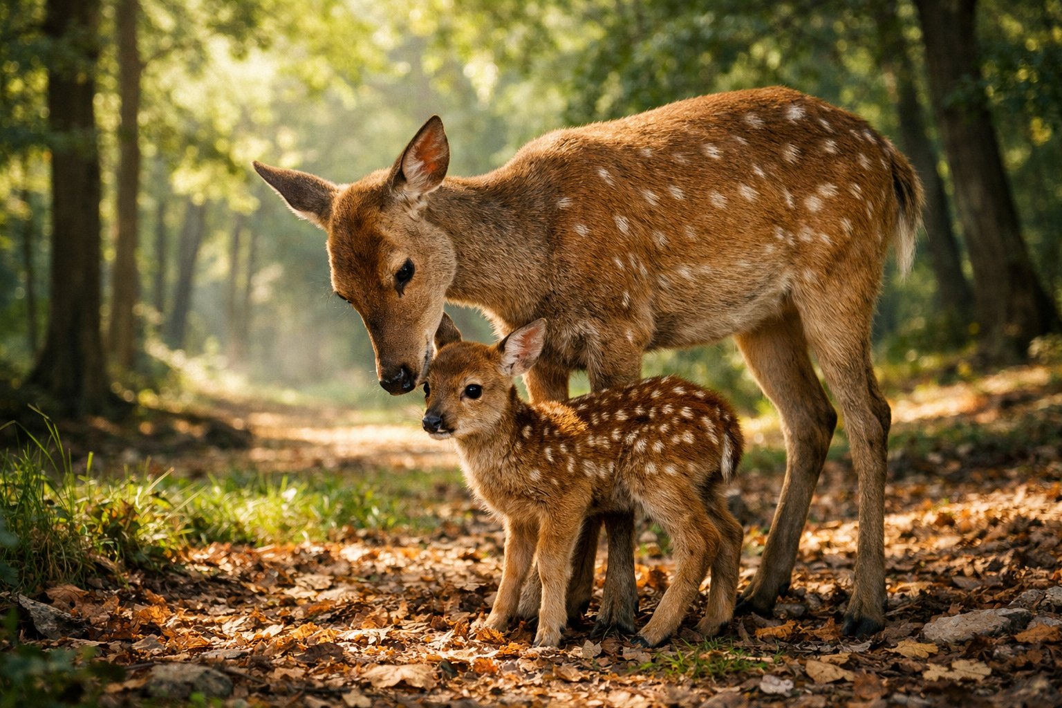 A mother deer standing protectively next to her small fawn in a sunlit forest.