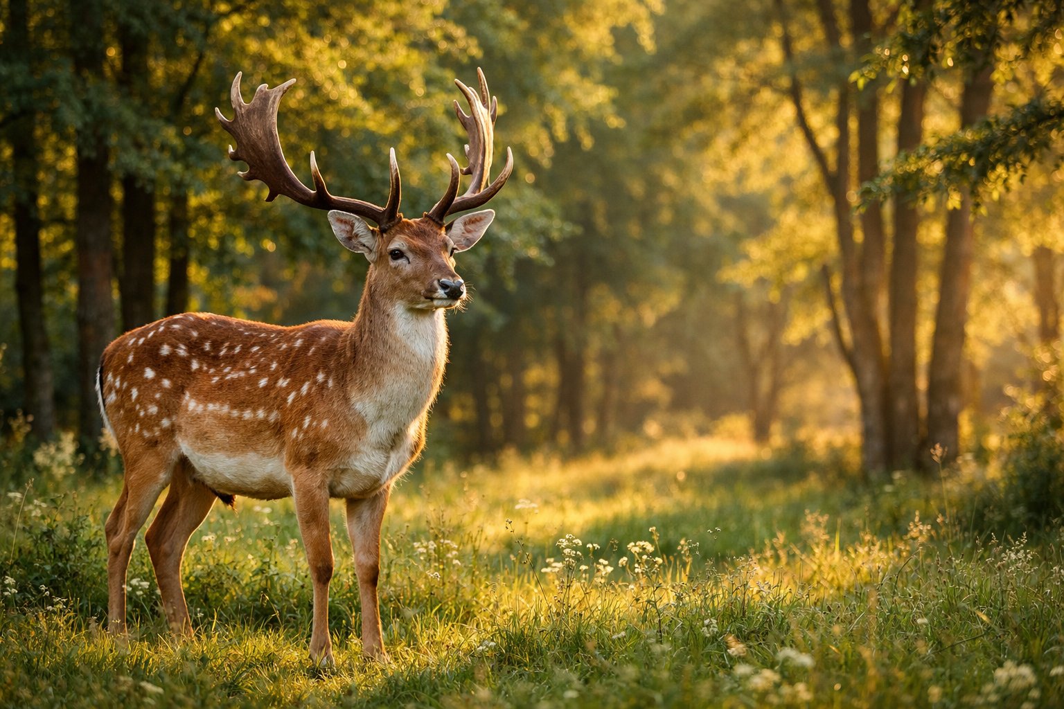 A deer standing in a forest clearing surrounded by trees and grass.